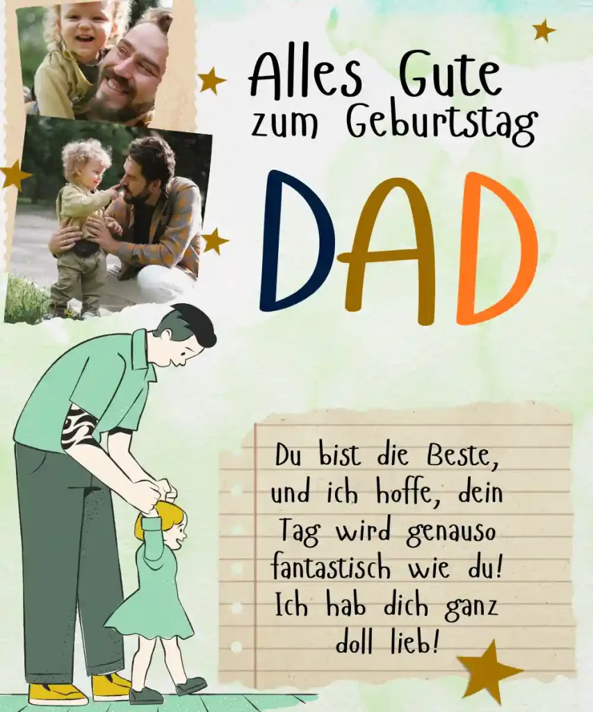 Anpassbare Geburtstagskartenvorlage für den Vater mit bearbeitbaren Fotos, Text und modernem Layout.