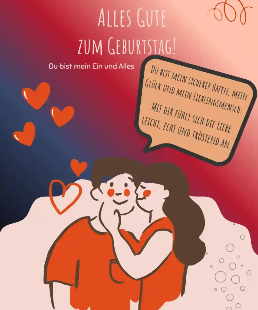 Bearbeitbare romantische Geburtstagskartenvorlage mit anpassbarer Nachricht und illustriertem Pärchenmotiv.