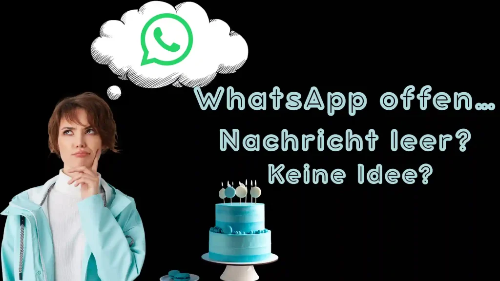 WhatsApp-Geburtstagsnachrichten-Ideen: Titelbild mit einer nachdenklichen Person und einer Kuchenillustration.