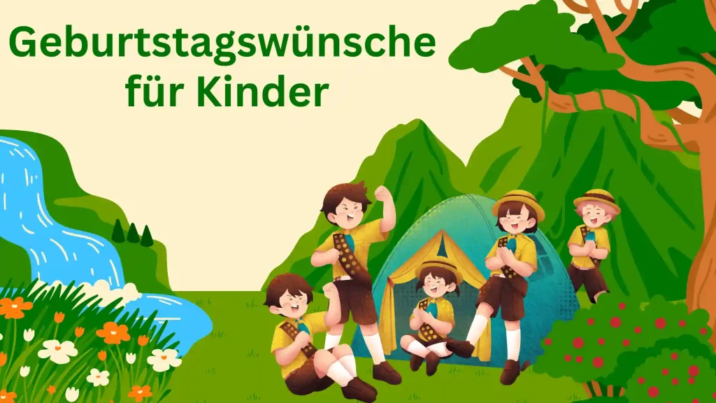 Geburtstagsgrüße für Kinder: Illustriertes Design mit fröhlichen Kindern in einer Szene im Freien.