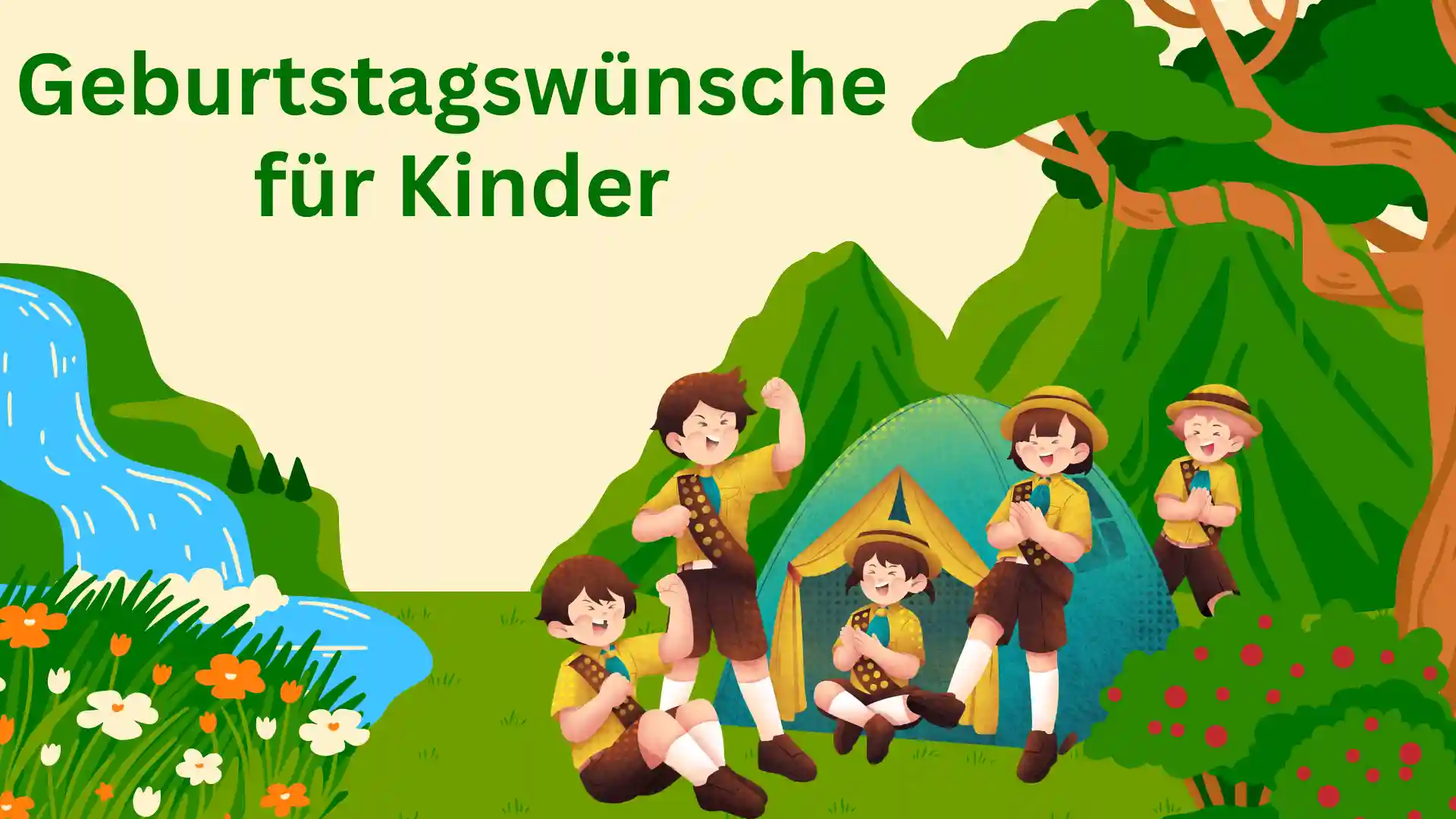 Geburtstagsgrüße für Kinder: Illustriertes Design mit fröhlichen Kindern in einer Szene im Freien.